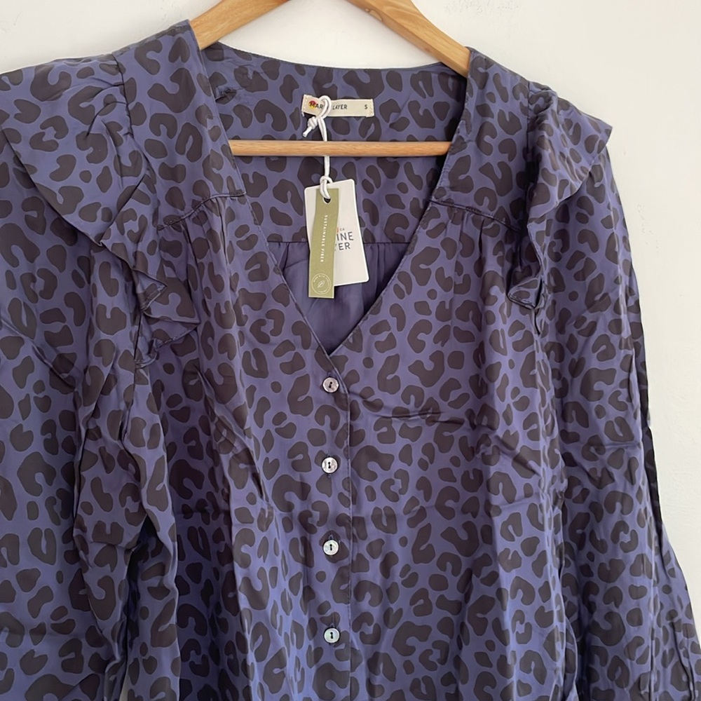 NWT Marine Layer Rory Longsleeve Ruffle Blouse Blue Size S
